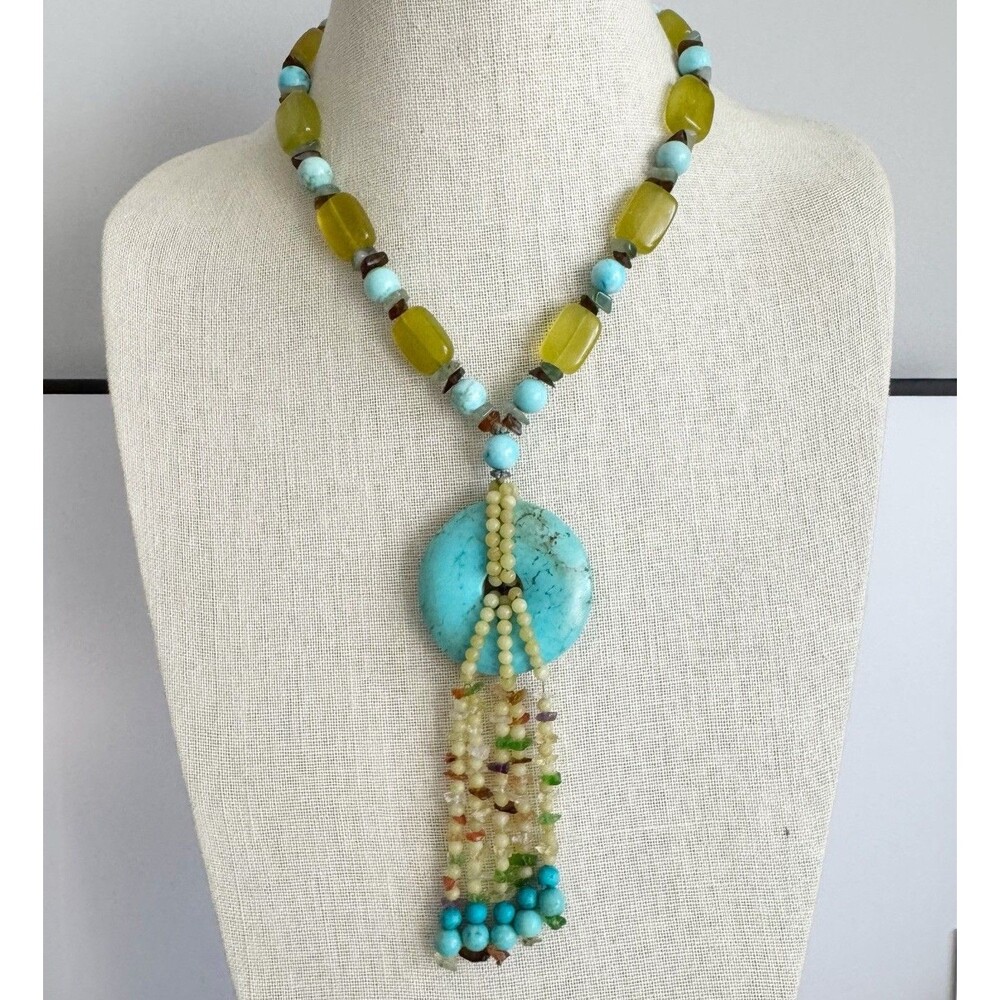 Turquoise Donut Chunky Natural Stone Bohemian Necklace Citrine Amber Sterling